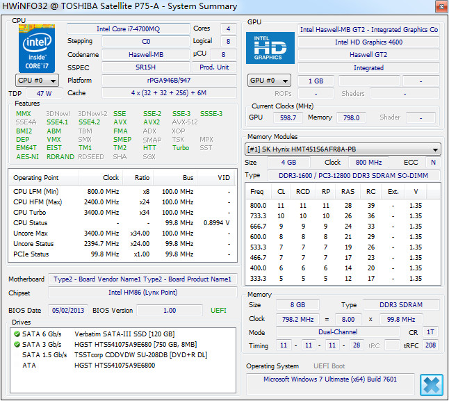硬件检测(HWiNFO32)截图